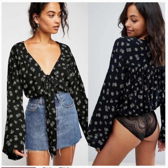 Free People Tops - Free People Forties Feel Bodysuit Black Yellow Floral Lace Size XS